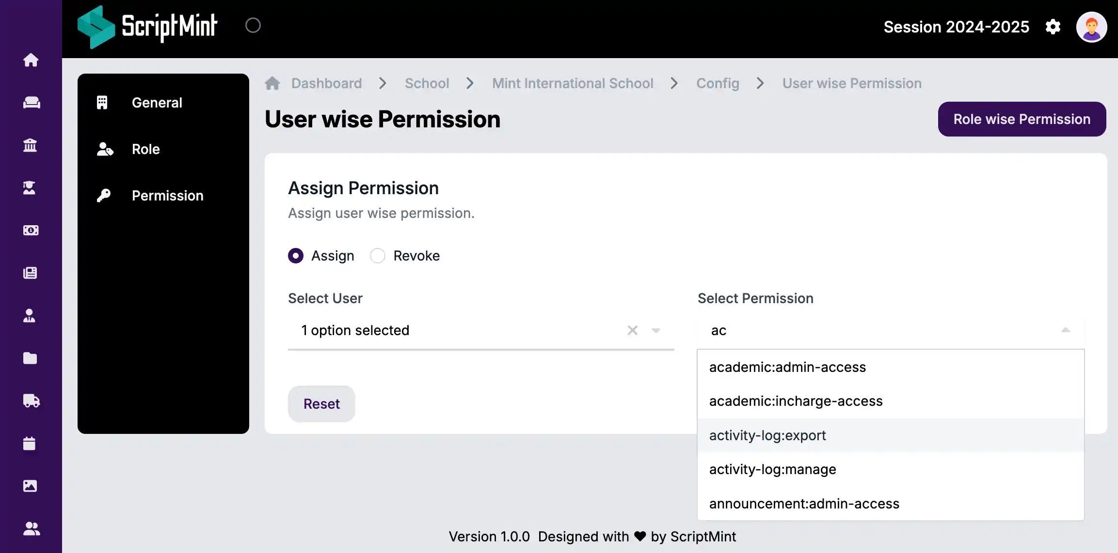 InstiKit User wise Permission